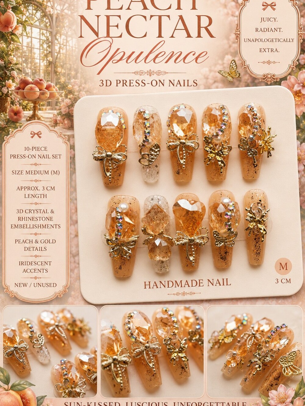 🍑 Peach Nectar Opulence | 3D Crystal Press-On Nails